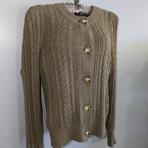 Loft olive green wool blend cable knit crew neck cardigan sweater
